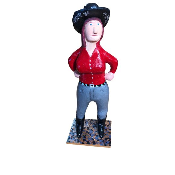 Folk Art Hand Carved Wooden Cowgirl Woman Figurine Western Black Hat Handmade - Picture 3 of 14